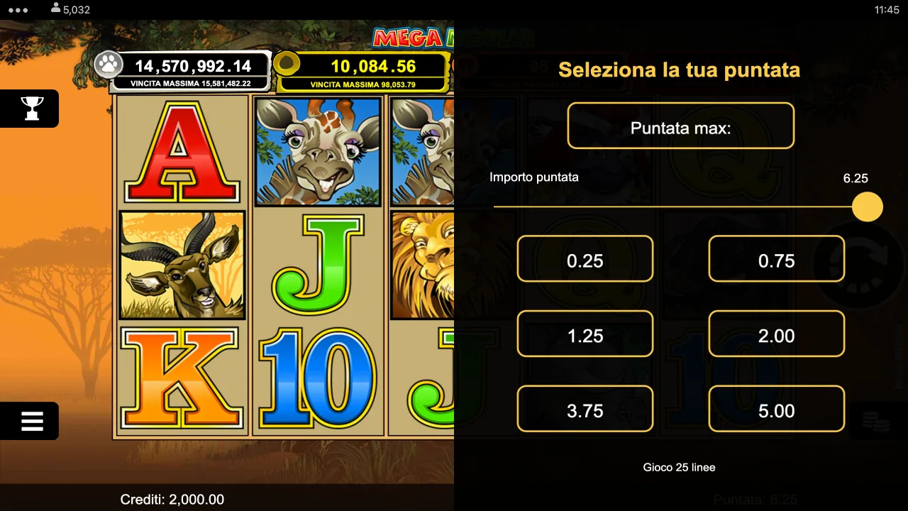 Pannello Seleziona la tua puntata di Mega Moolah con i tasti 0.25, 0.75, 1.25, 2.00, 3.75, 5.00 e la puntata massima 6.25