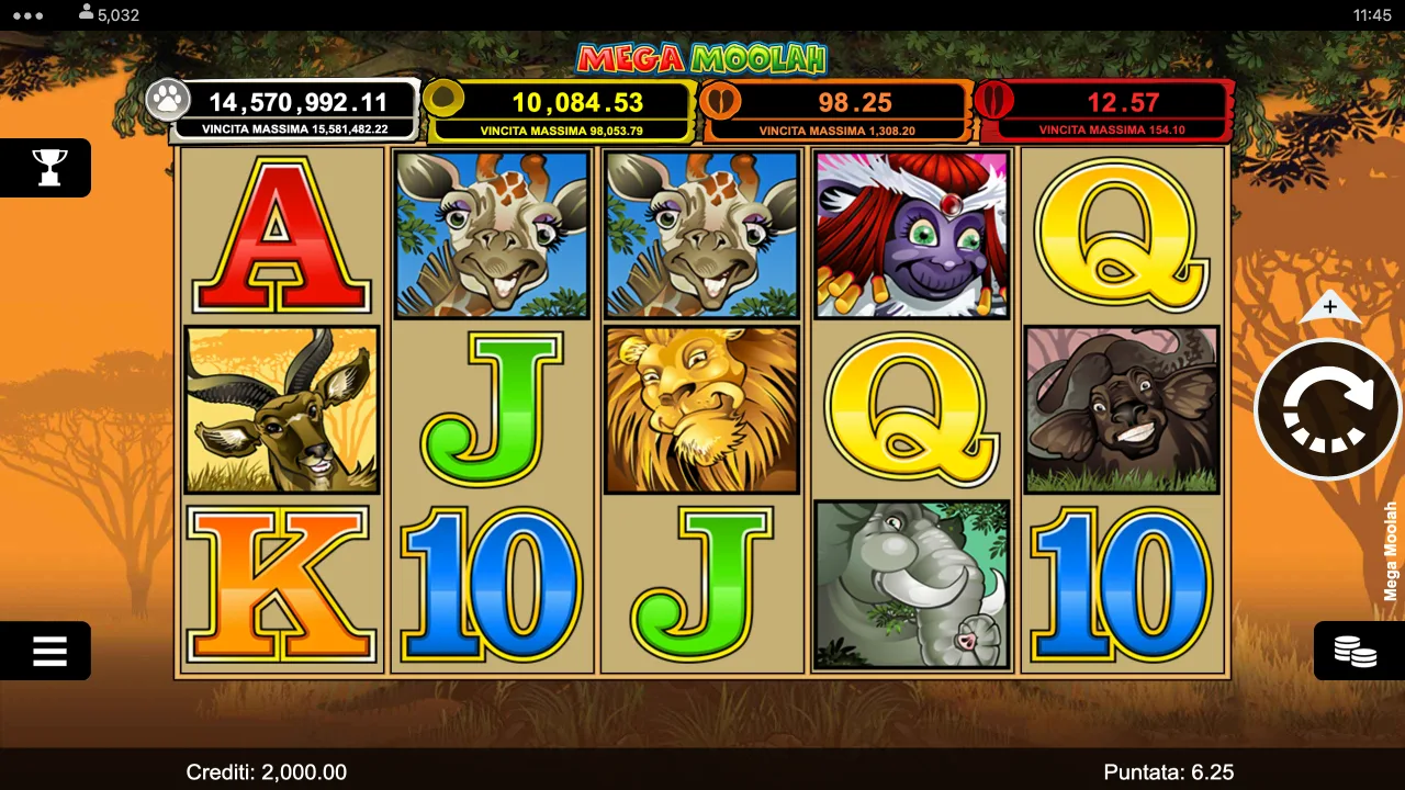 Slot Mega Moolah in italiano: cinque rulli safari, quattro contatori dei jackpot in alto, crediti e puntata in basso