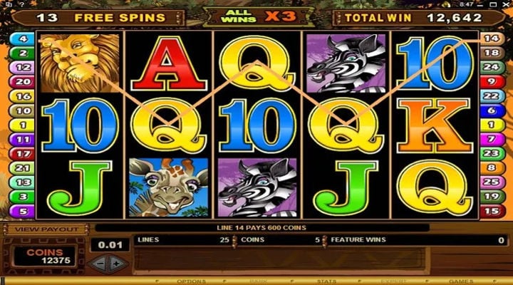 Mega Moolah 5-reel, 25-payline base game board with the savanna symbols