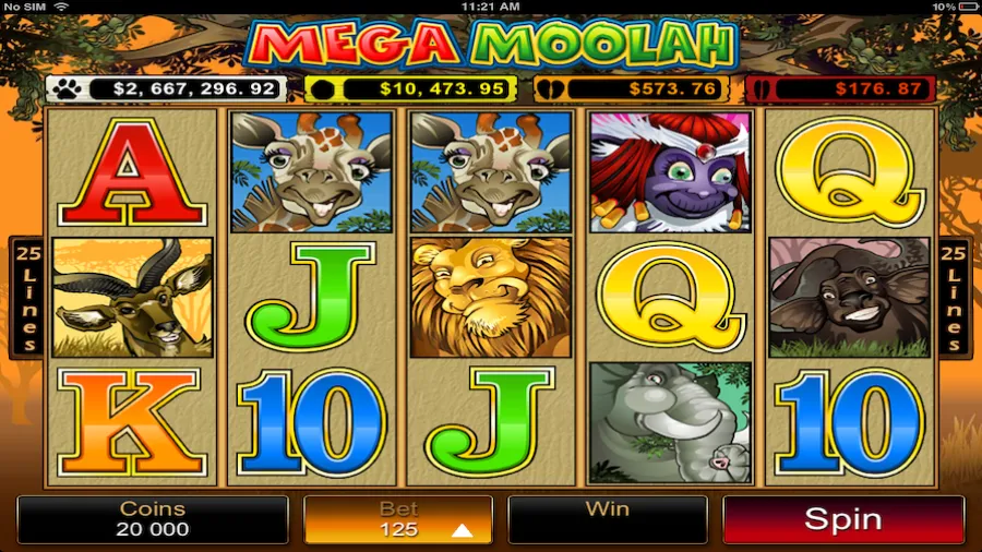Mega Moolah slot reels with the four progressive jackpot totals above the game board