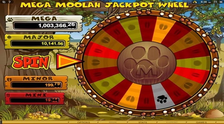 Mega Moolah Jackpot Wheel split into Mini, Minor, Major and Mega segments