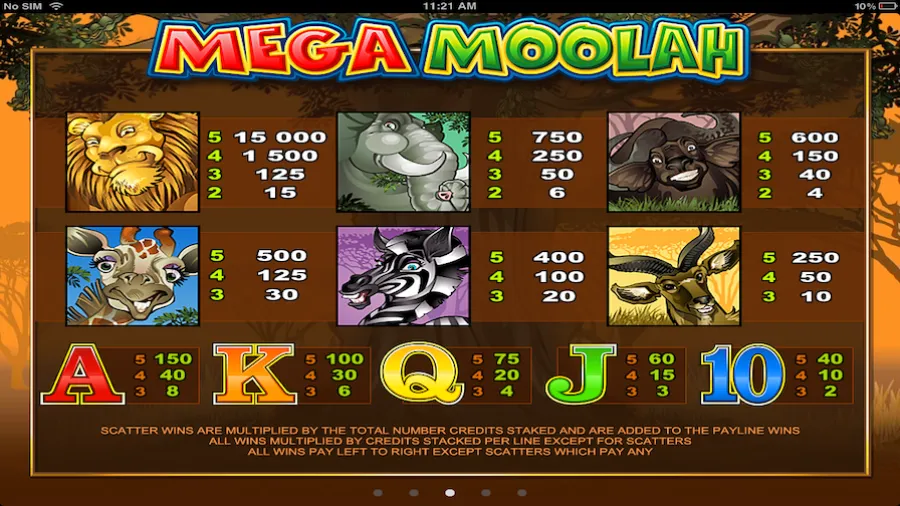 Mega Moolah in-game paytable showing coin payouts for the lion, elephant, buffalo, giraffe, zebra, antelope and card symbols