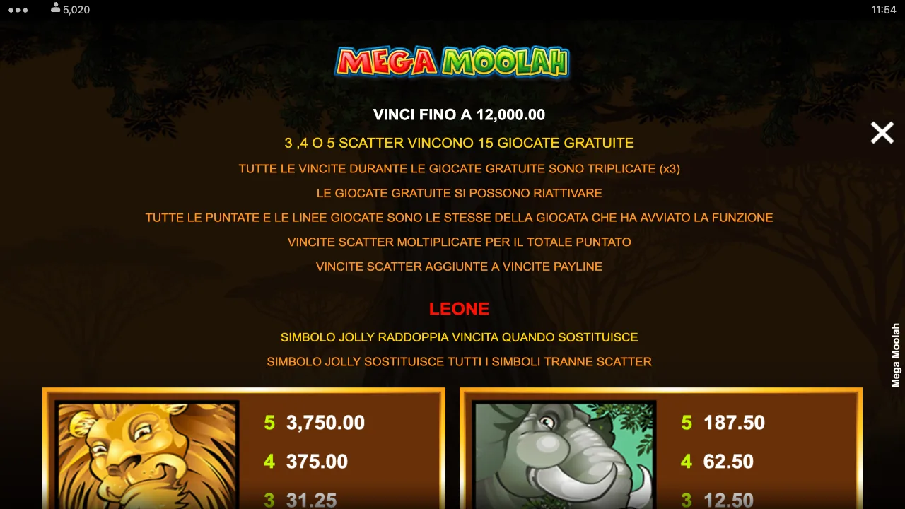 Regole di Mega Moolah in italiano: 3, 4 o 5 scatter vincono 15 giocate gratuite, tutte le vincite triplicate, il leone raddoppia la vincita
