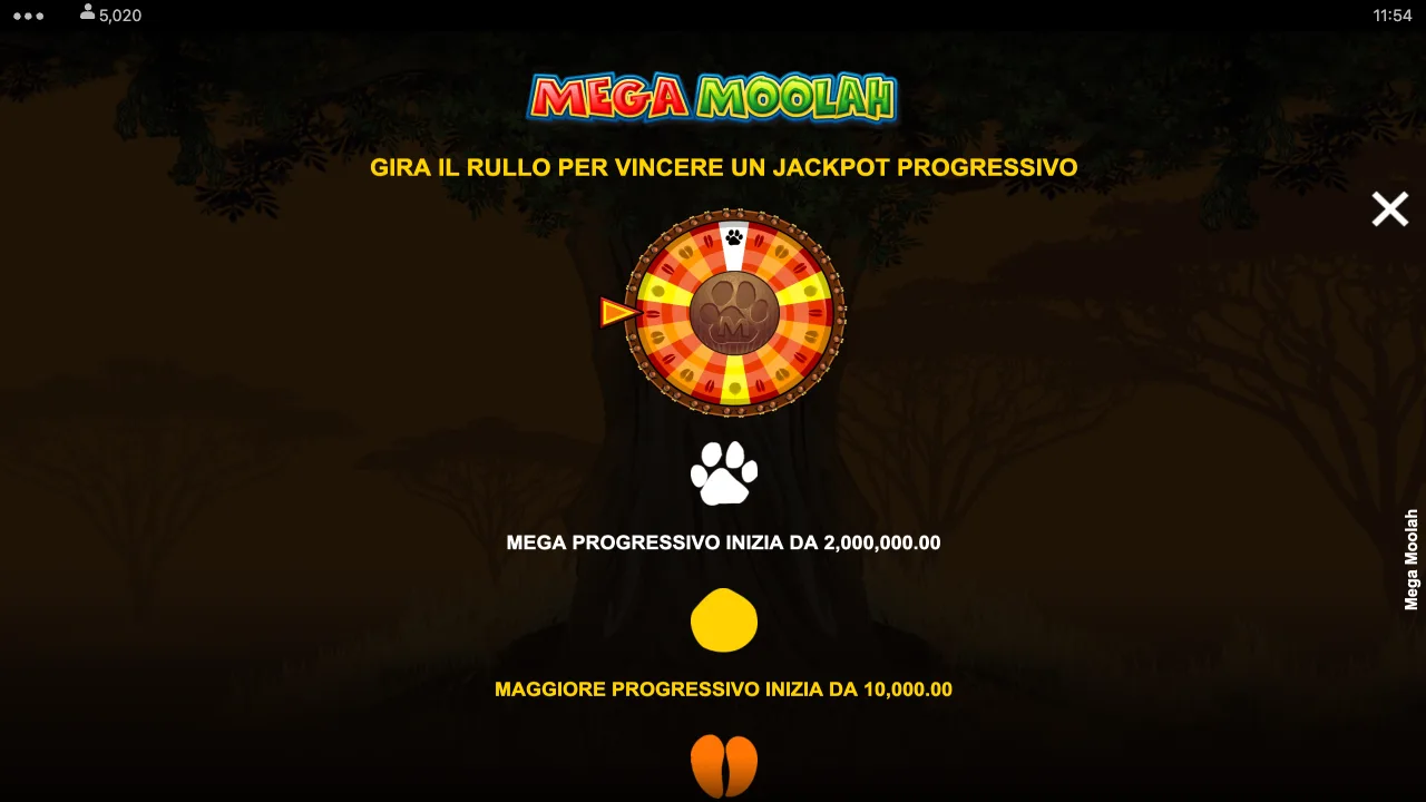 Schermata delle regole di Mega Moolah: gira il rullo per vincere un jackpot progressivo, Mega progressivo inizia da 2.000.000, Maggiore da 10.000